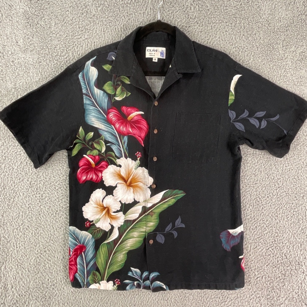 Iolani Hawaiian Shirt Mens M Black Red Hibiscus Floral Cotton Aloha Hawaii Made
